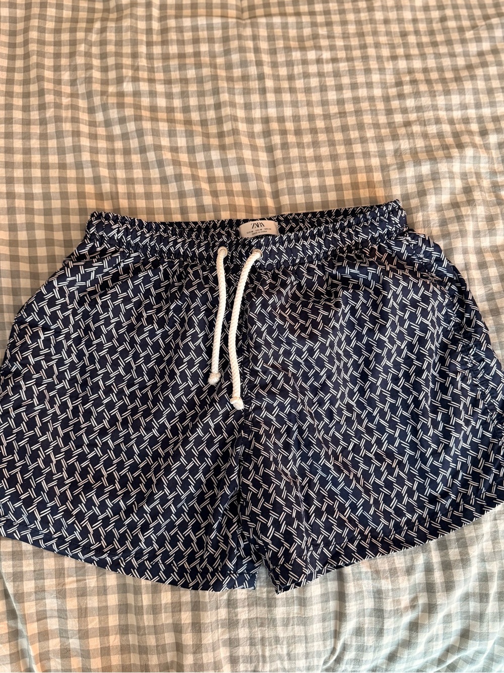 Zara Navy and White Patterned Drawstring Shorts